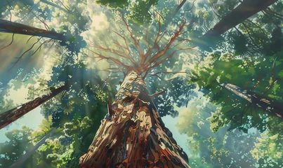 Keuken spatwand met foto Capture the majestic strength of a towering redwood tree from a worms-eye view using acrylic paint Let the sunlight dappling through the leaves create a magical, ethereal atmosphere © NookHok
