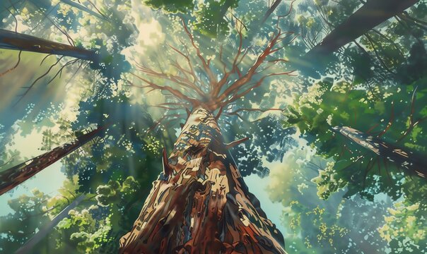 Capture the majestic strength of a towering redwood tree from a worms-eye view using acrylic paint Let the sunlight dappling through the leaves create a magical, ethereal atmosphere