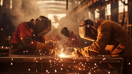 An action shot of workers in the middle of welding, with sparks flying around them, under an overcast sky that diffuses the natural light and softens shadows. , natural light, soft - obrazy, fototapety, plakaty