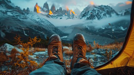 Step into tranquility with your cozy feet outside the tent, surrounded by the majestic mountain landscape. Embrace the serenity of nature on a unique adventure.
