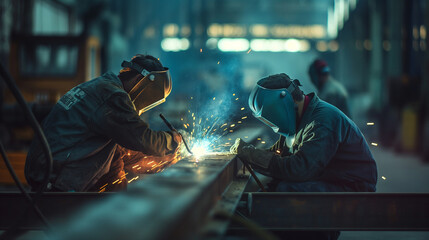 Workers focused on welding beams, their faces shielded by visors, in a scene lit by both the sparks from their tools and the soft natural light of the environment. , natural light,