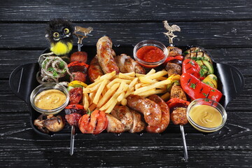Kebabs, lula kebab, vegetables, French fries