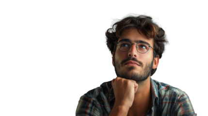 handsome bearded man in glasses propped his head with his fist and dreamily looks up, cut out background