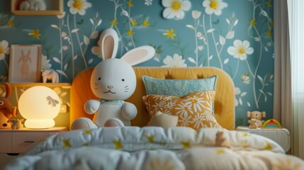 Whimsical children's room with a stuffed rabbit on a mustard yellow armchair and floral wallpaper


