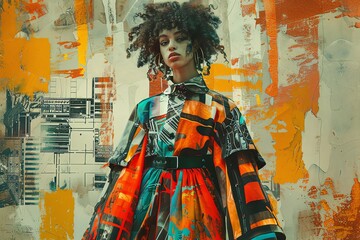 Illustrate a scene with traditional art mediums depicting a model in avant-garde fashion set against a dystopian backdrop Experiment with contrasting lighting techniques to enhance the dramatic effect