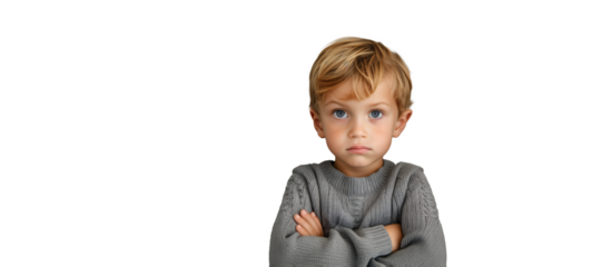 a child with arms crossed on his chest with a displeased emotion on his face, childish dissatisfaction, cut out background