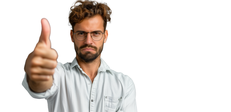 handsome man in glasses with confident brutal face showing thumbs up approving your choice, with cut out background