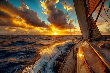 View from a deck of a tilted yacht in strong wind at sunset. Clear sky with glowing golden clouds. Transportation