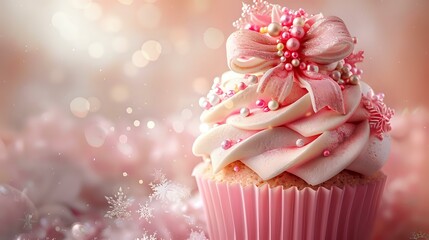 Charming Holiday Treat: Pink Cupcake with Snowflake and Festive Adornment