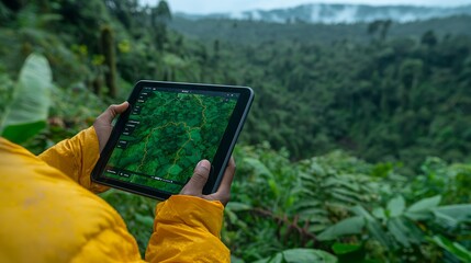 A scientist in a natural habitat holding a tablet with environmental monitoring software.