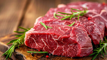 Raw red meat on a wooden board. Fresh meat from grass-fed and free-range animals
