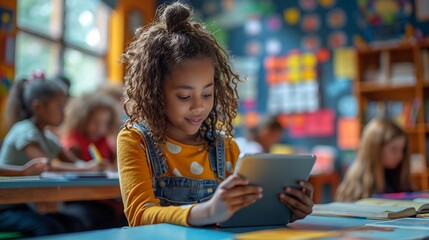 A teacher using a tablet with a detailed display of an interactive textbook, showing pages with integrated videos and quizzes.