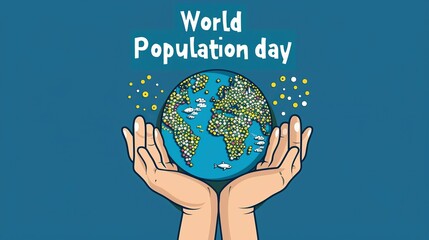 A hand holding planet earth on a blue background flat illustration, people on the planet, world population day - obrazy, fototapety, plakaty