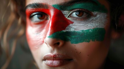 beautiful woman with face painted with the flag of Palestine