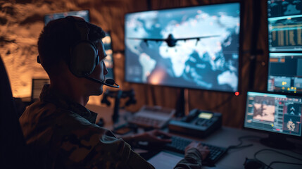 the operator of a modern strategic drone who sits in the control center and controls it through a computer while listening to orders through headphones