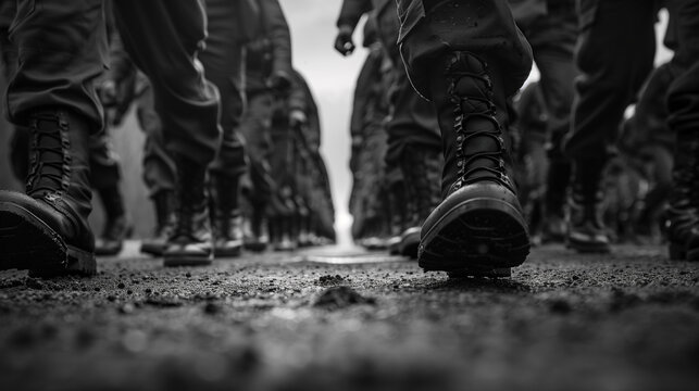 the black and white image of the legs of soldiers marching in formation in military uniform and shoes characterizes the strict discipline of training and courage and devotion to their country and oath