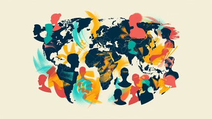 World map of people, abstract illustration art of busy vector people talking globally to each other 