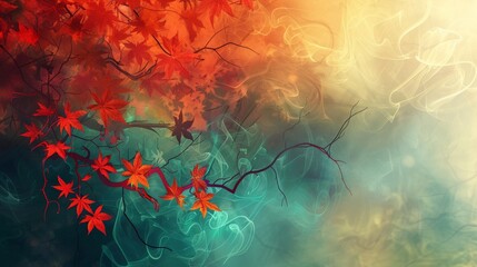 With a palette of vibrant autumn colors, the web design banner comes alive as red leaves mingle with wisps of color smoke, creating an immersive and mystifying atmosphere - obrazy, fototapety, plakaty
