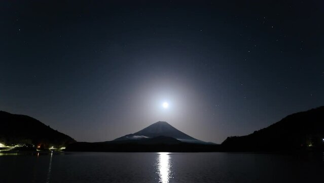 精進湖から望む月夜の富士山と雲の流れ（タイムラプス撮影）。C4K,ProRESS,422,HQ,10bit