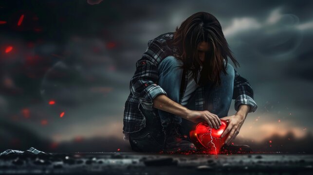 Anti-Valentine's day idea. Sad man holding a broken heart in her hands after a breakup relationship or divorce from her partner. Gloomy background.