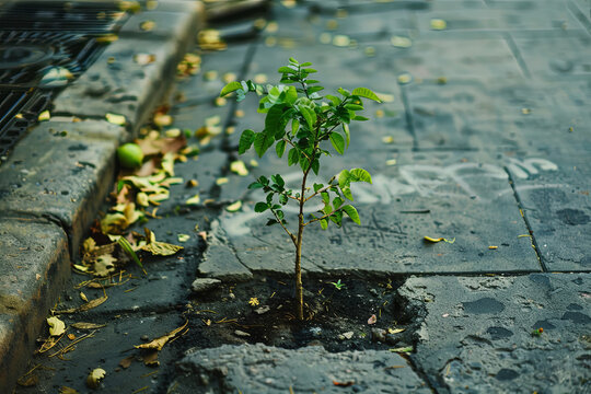 Inspiring image of a tree uniquely sprouting through a sidewalk, symbolizing resilience and positive growth