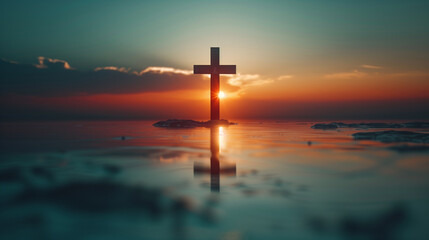Naklejka premium minimalistic cross on the background of the sun setting on the beach