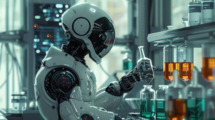 Futuristic robot holding a flask while inspecting chemical reactions in a lab, ai generated