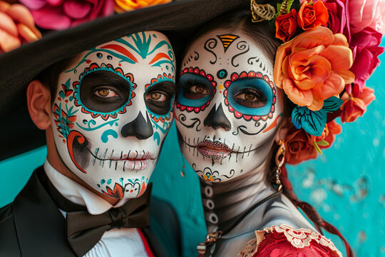 Dia de los Muertos themed portrayal of a male and female dressed as Catrina and Catrin with sugar skull makeup