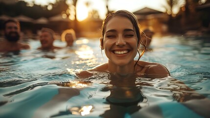 Sunny Bliss: Adults Enjoy a Pool Day, Embracing the Water's Embrace. Concept Poolside Fun, Adult Swim, Summer Splash, Staycation Vibes, Pool Party Essentials