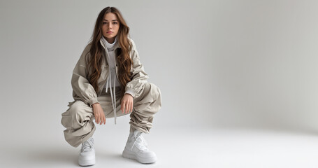A young female model squats confidently in a studio, wearing a modern neutral-toned outfit paired with striking white sneakers