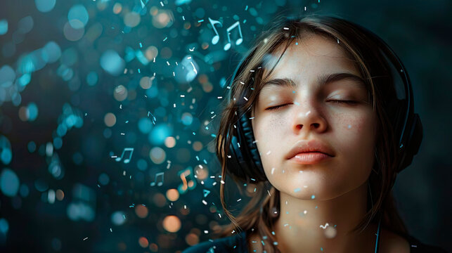Happy young woman wearing headphones listening to music. The girl enjoy cool music. She closed her eyes and relaxed while enjoying the sound of melodious music. The notes are floating around the girl