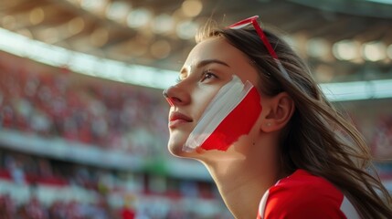 beautiful woman with face painted with the flag of Poland