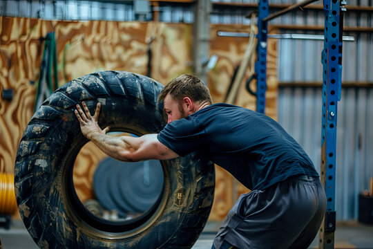 Man engaging in a strenuous workout by flipping a large tire at a crossfit gym