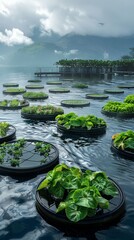 Fototapeta premium Oceanic mega-farms, floating platforms using wave energy to power hydroponic systems, redefining mariculture