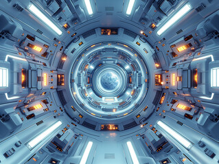 3d rendering, Futuristic technological symmetrical composition space capsule interior space background.