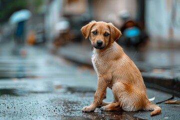 lonely stray dog sitting in the rain homeless abandoned puppy on street - obrazy, fototapety, plakaty