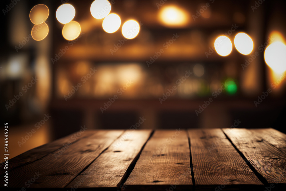 Poster wooden table blurred background of restaurant of cafe with bokeh. flawless generative ai
