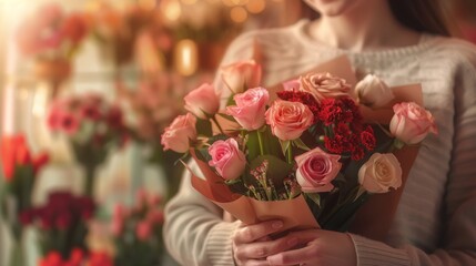 woman delicately holds a vibrant bouquet of flowers in her hands, celebrating a special occasion with joy and gratitude, Happy Mother`s Day