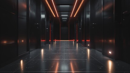Sleek modern hallway with dynamic red lighting in a contemporary office building