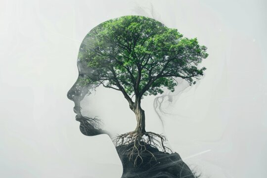 Albero che cresce dalla testa di una persona, con foglie che rappresentano pensieri positivi e radici profonde che simboleggiano la forza interiore