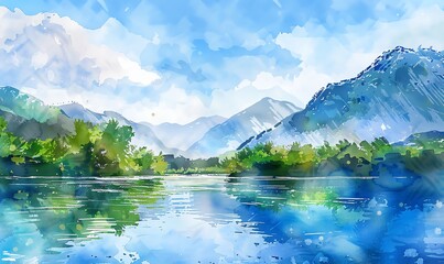 Fototapeta premium Capture the serene beauty of a flowing river in vibrant watercolor, surrounded by lush green forests and majestic mountains in the background