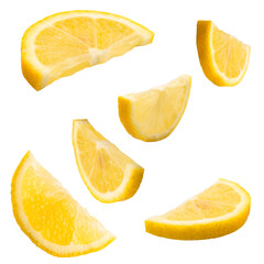 Set of fresh whole and cut Lemon and slices isolated on white background. From top view.