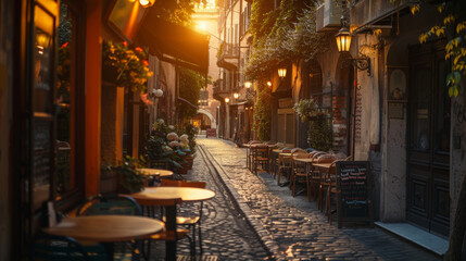 Fototapeta na wymiar Tipico ristorante italiano nel vicolo storico al tramonto