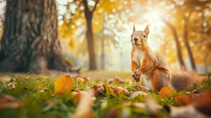 Curious Squirrel Explores Nature Standing Proudly in Green Grass by a Majestic Tree