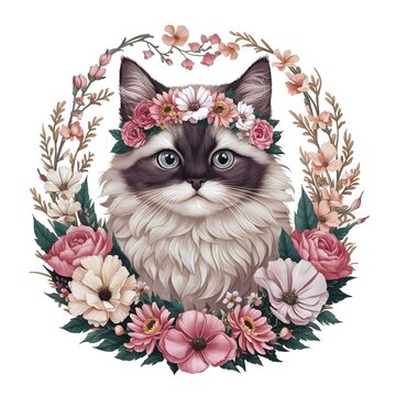 minskin cat with a flower crown