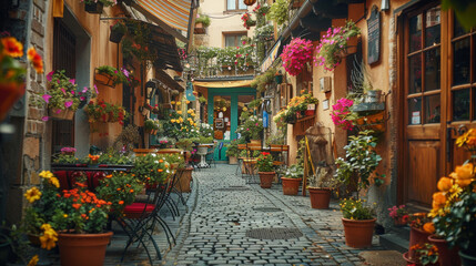 Vicolo fiorito. Ristorante italiano, circondato da vasi di fiori colorati - obrazy, fototapety, plakaty