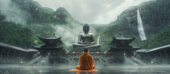 Monk meditating before Buddha statues and waterfalls. Concept Vesak day Buddhist lent, Buddha birthday. Banner with copy space