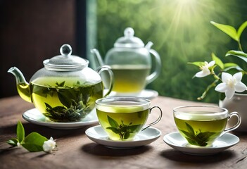 Cup of tea in plate and teapot with mint.