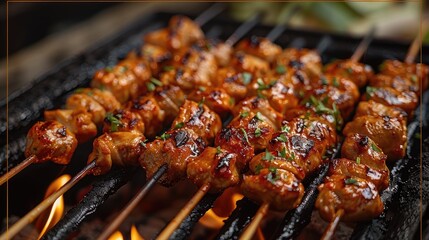 Close-up of satay skewers grilling on a barbecue. Enjoy the flame-cooked goodness. Share the barbecue delight - obrazy, fototapety, plakaty