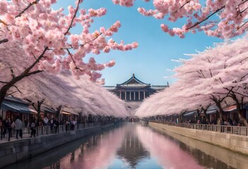Obraz premium Cherry blossom in spring with view of lake.